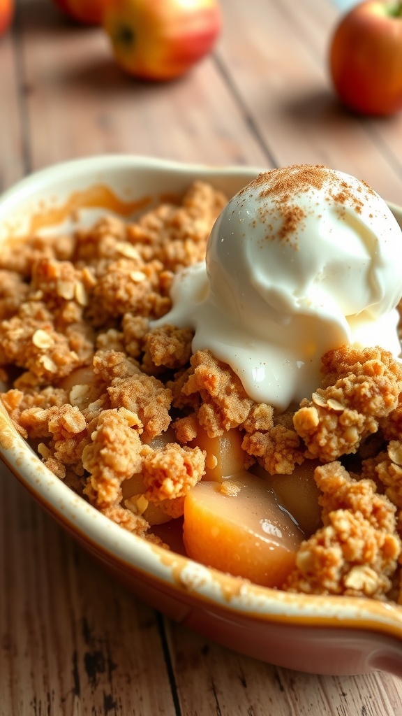 A delicious apple oat crumble with a golden topping and a scoop of vanilla ice cream, set on a rustic wooden table.
